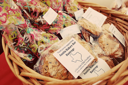 Some beautifully packaged, labeled goodies from our last bake sale, "Austin Bakes for Bastrop," taken by Mary Helen Leonard.